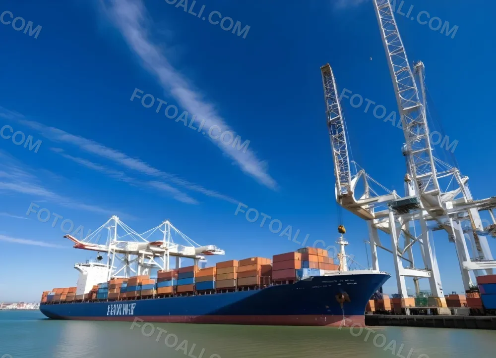 A Cargo Ship Loaded With Containers In A Harbor With Cranes Clear Blue Sky With Some Clouds Sunny Day Calm Water 4 E167