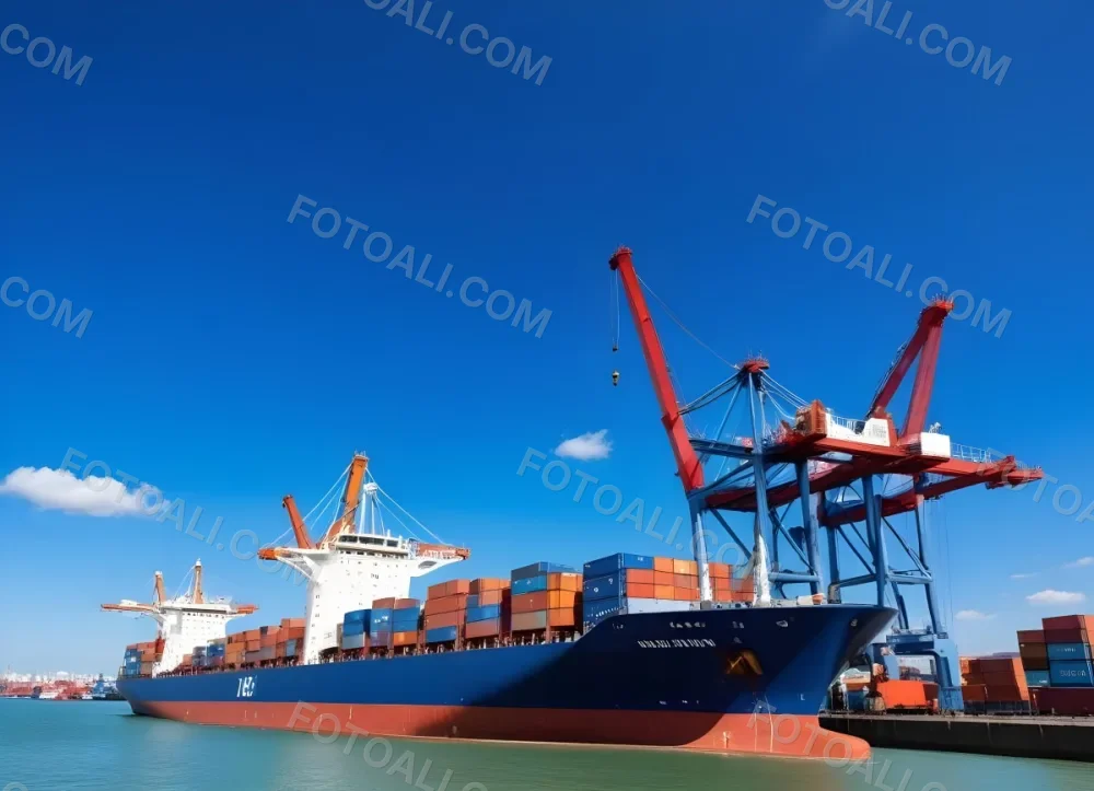 A Cargo Ship Loaded With Containers In A Harbor With Cranes Clear Blue Sky With Some Clouds Sunny Day Calm Water 8 85a4