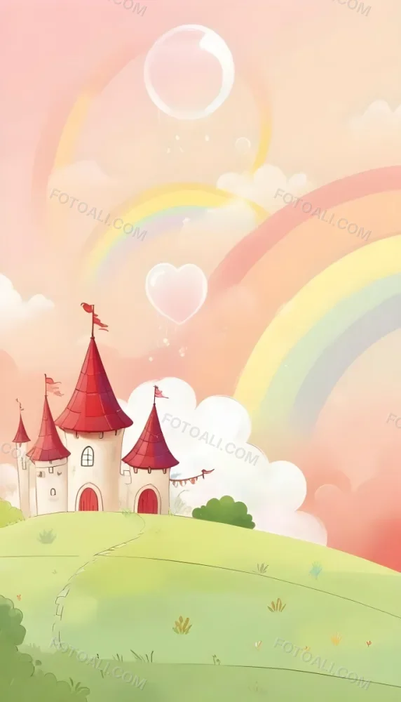 A Cartoon Castle With Red Roofs And Heart Shaped Weather Vanes Set Against A Pastel Rainbow And Cloud Background With Whimsical Plants And A Bubble Floating Above 10 6f70