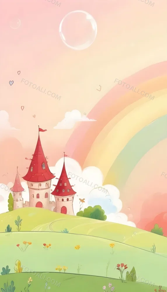 A Cartoon Castle With Red Roofs And Heart Shaped Weather Vanes Set Against A Pastel Rainbow And Cloud Background With Whimsical Plants And A Bubble Floating Above 13 795e