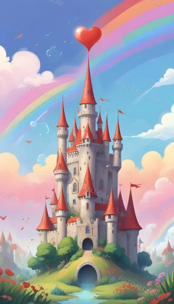 A Cartoon Castle With Red Roofs And Heart Shaped Weather Vanes Set Against A Pastel Rainbow And Cloud Background With Whimsical Plants And A Bubble Floating Above 15 A433