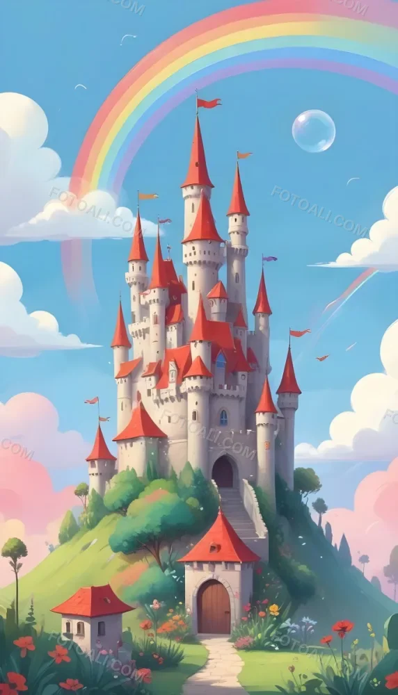 A Cartoon Castle With Red Roofs And Heart Shaped Weather Vanes Set Against A Pastel Rainbow And Cloud Background With Whimsical Plants And A Bubble Floating Above 16 1954