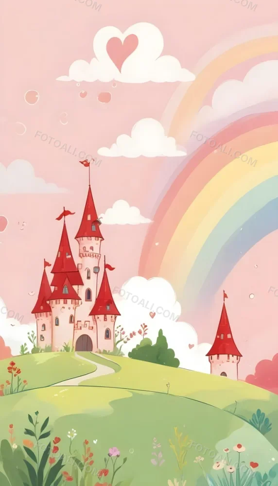 A Cartoon Castle With Red Roofs And Heart Shaped Weather Vanes Set Against A Pastel Rainbow And Cloud Background With Whimsical Plants And A Bubble Floating Above 17 Bef0