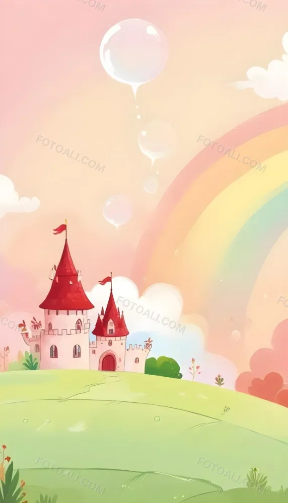 A Cartoon Castle With Red Roofs And Heart Shaped Weather Vanes Set Against A Pastel Rainbow And Cloud Background With Whimsical Plants And A Bubble Floating Above 2 4d6d