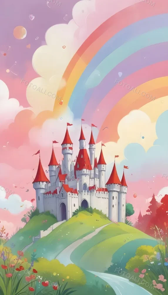 A Cartoon Castle With Red Roofs And Heart Shaped Weather Vanes Set Against A Pastel Rainbow And Cloud Background With Whimsical Plants And A Bubble Floating Above 20 Ac9a