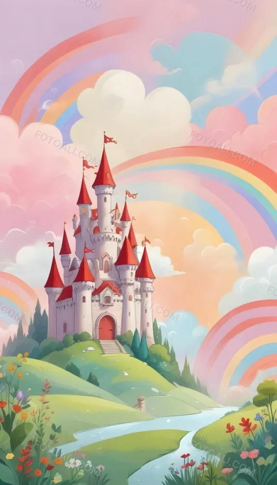 A Cartoon Castle With Red Roofs And Heart Shaped Weather Vanes Set Against A Pastel Rainbow And Cloud Background With Whimsical Plants And A Bubble Floating Above 22 5522