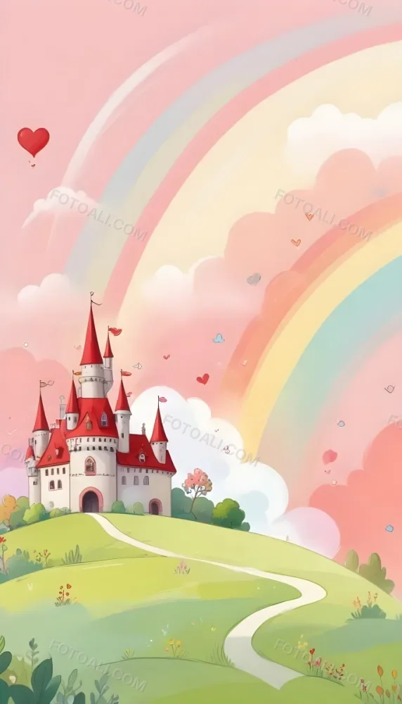 A Cartoon Castle With Red Roofs And Heart Shaped Weather Vanes Set Against A Pastel Rainbow And Cloud Background With Whimsical Plants And A Bubble Floating Above 3 0cda