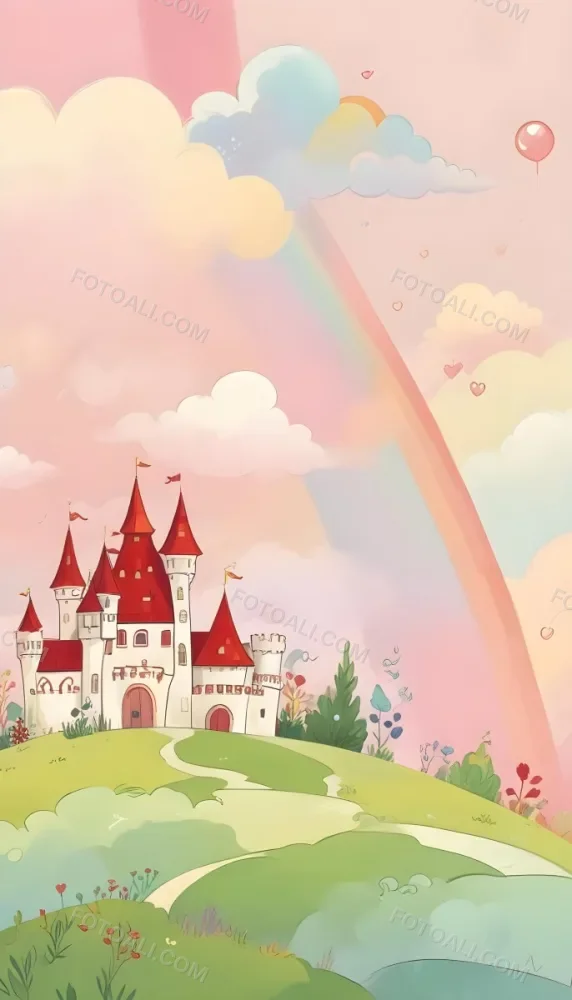 A Cartoon Castle With Red Roofs And Heart Shaped Weather Vanes Set Against A Pastel Rainbow And Cloud Background With Whimsical Plants And A Bubble Floating Above 4 F837