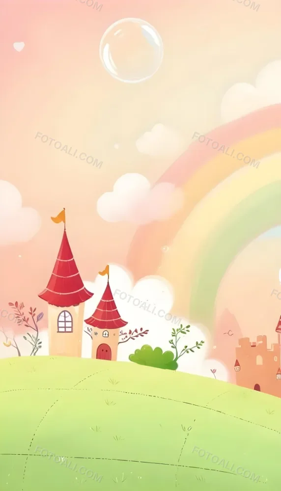 A Cartoon Castle With Red Roofs And Heart Shaped Weather Vanes Set Against A Pastel Rainbow And Cloud Background With Whimsical Plants And A Bubble Floating Above 7 391f