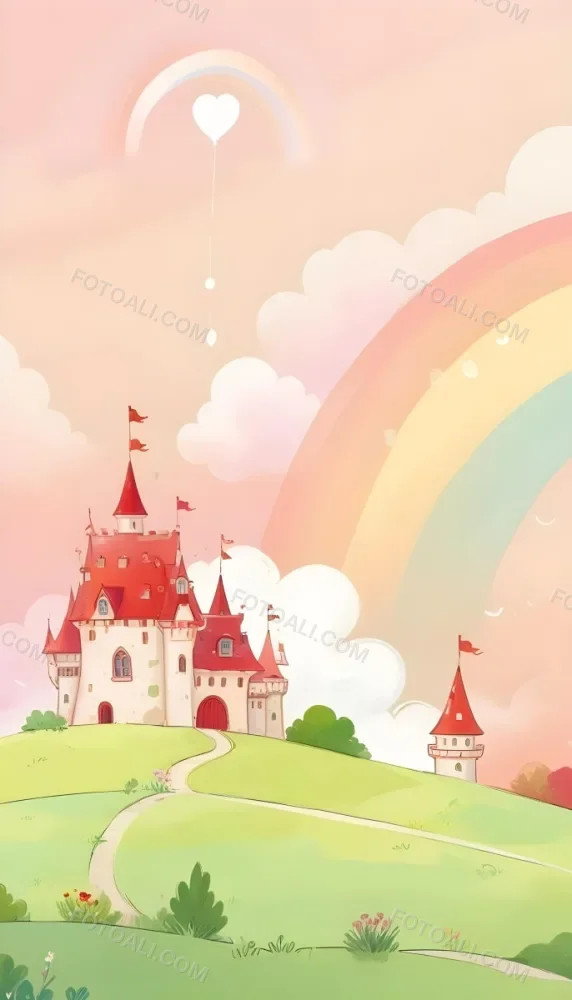 A Cartoon Castle With Red Roofs And Heart Shaped Weather Vanes Set Against A Pastel Rainbow And Cloud Background With Whimsical Plants And A Bubble Floating Above 9 0c2c