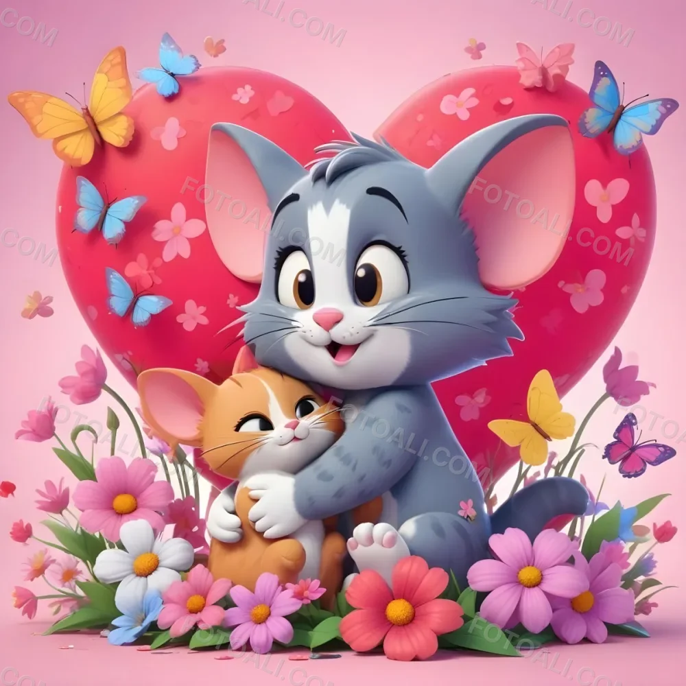 A Cartoon Cat And Kitten Sitting In A Field Of Flowers Surrounded By Butterflies And Hearts The Cat Has Large Ears And A Friendly Expression While The Kitten Is Cuddled Up Next To It The Background 3 3abc