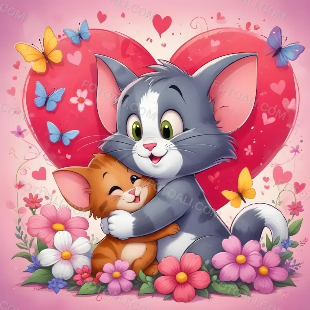 A Cartoon Cat And Kitten Sitting In A Field Of Flowers Surrounded By Butterflies And Hearts The Cat Has Large Ears And A Friendly Expression While The Kitten Is Cuddled Up Next To It The Background 4 5e0c