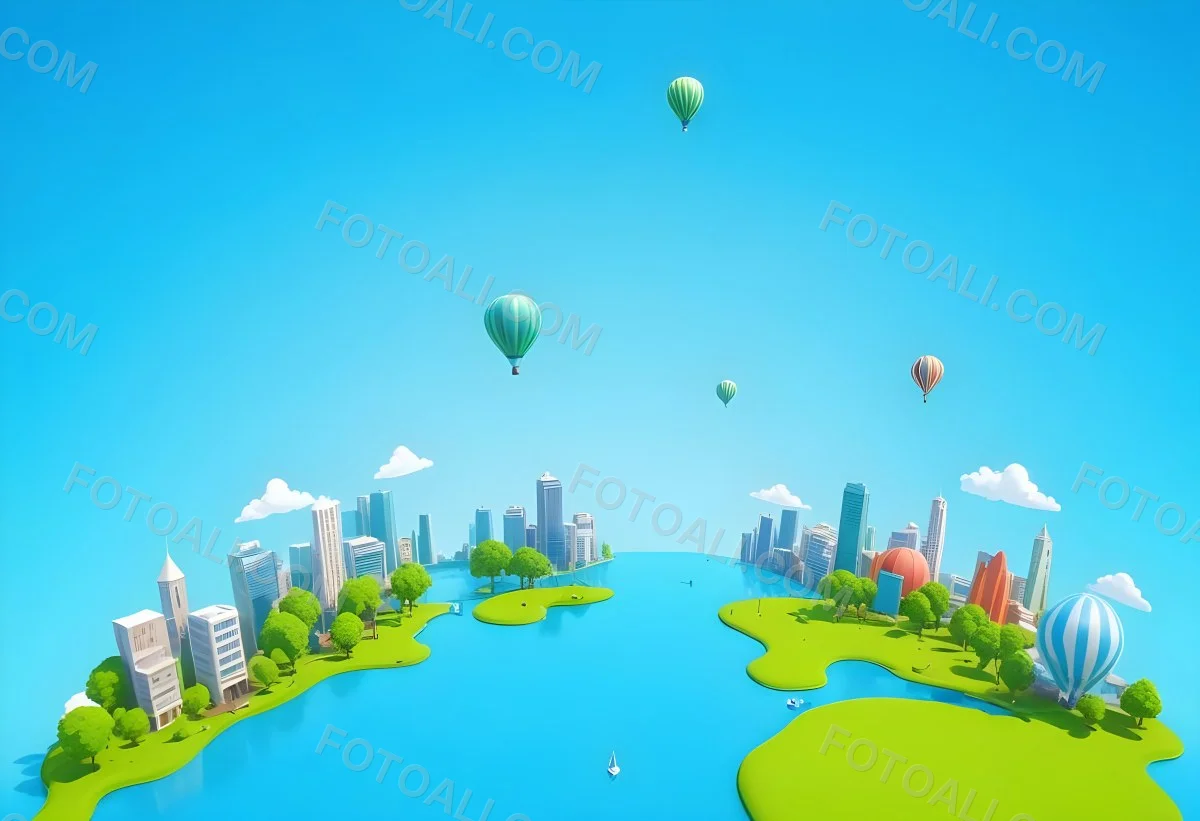 A Cartoon City With Tall Buildings Green Trees And A Green River With A Blue Sky Background And A Hot Air Balloon 10 F6f4