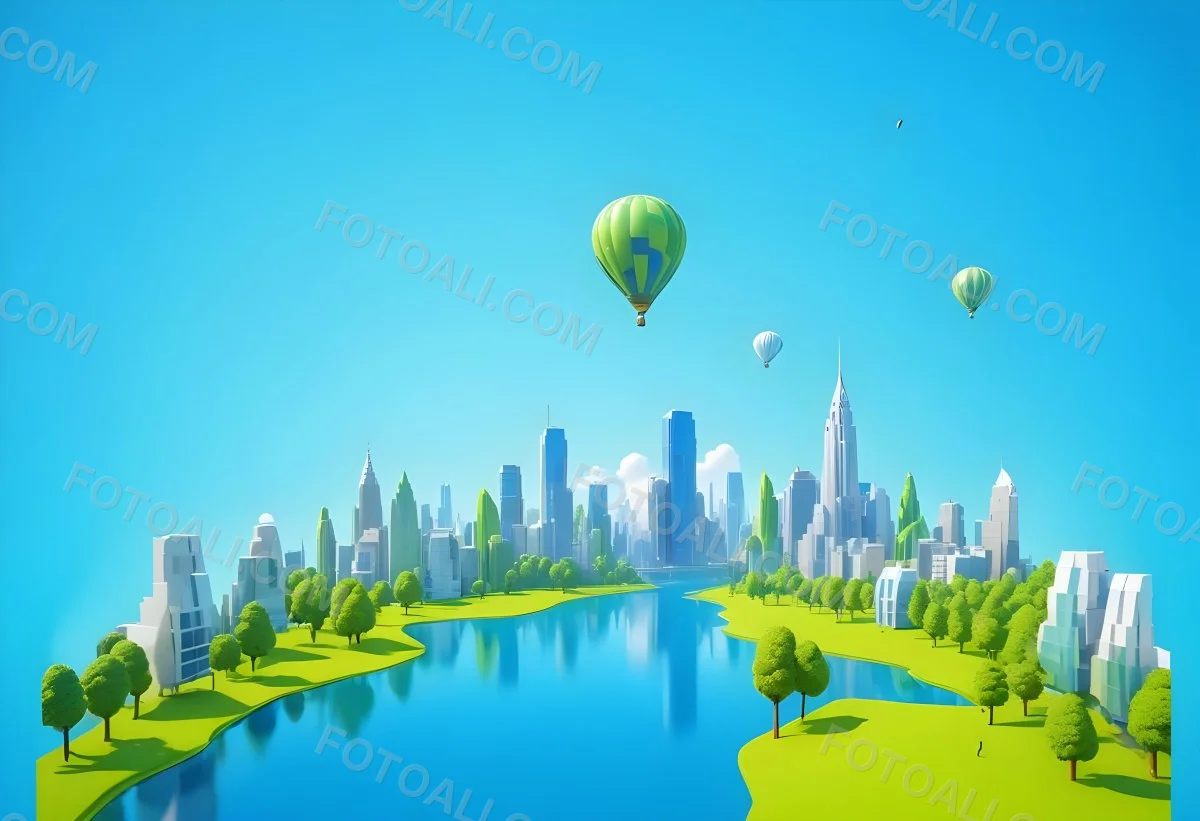 A Cartoon City With Tall Buildings Green Trees And A Green River With A Blue Sky Background And A Hot Air Balloon 12 A1fd