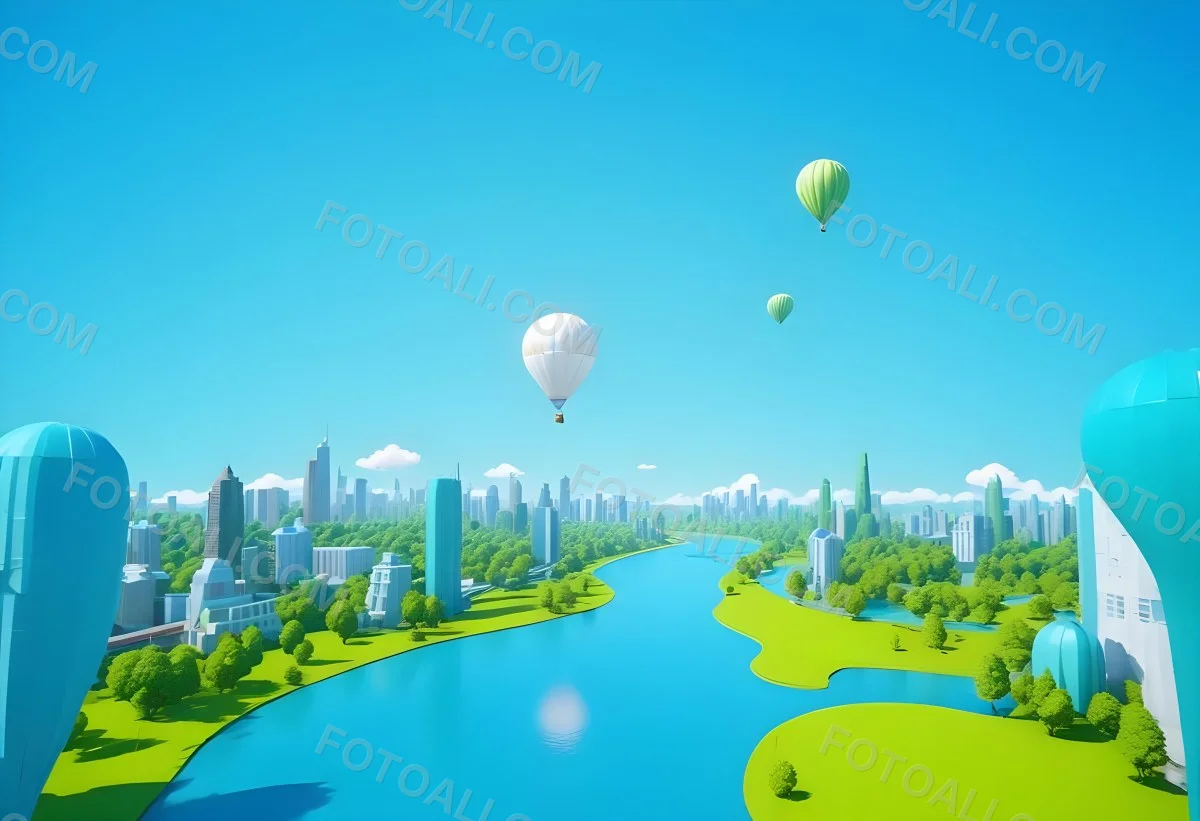 A Cartoon City With Tall Buildings Green Trees And A Green River With A Blue Sky Background And A Hot Air Balloon 16 48b8