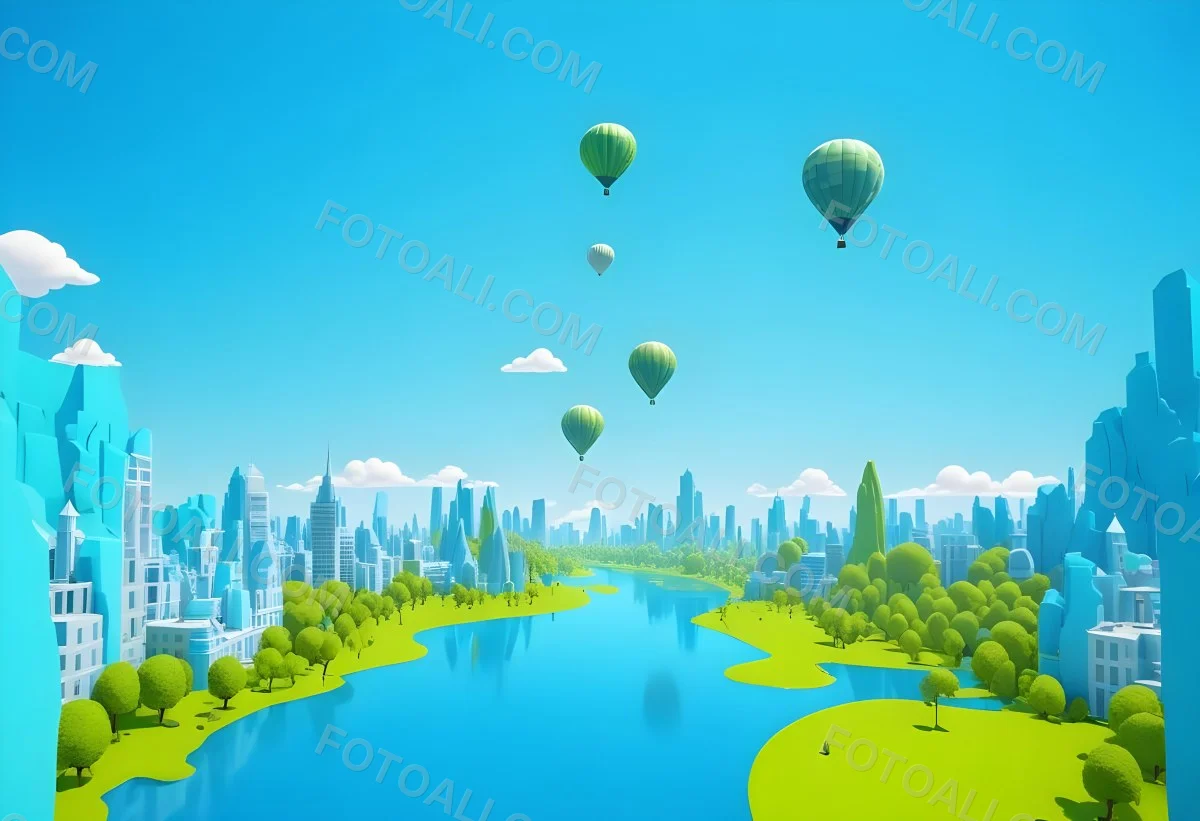 A Cartoon City With Tall Buildings Green Trees And A Green River With A Blue Sky Background And A Hot Air Balloon 18 D61a