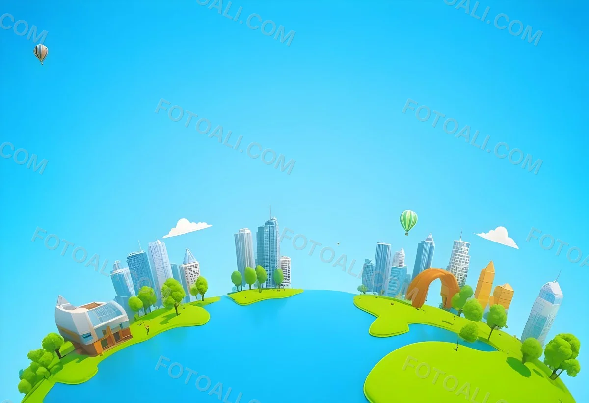 A Cartoon City With Tall Buildings Green Trees And A Green River With A Blue Sky Background And A Hot Air Balloon 19 40f7