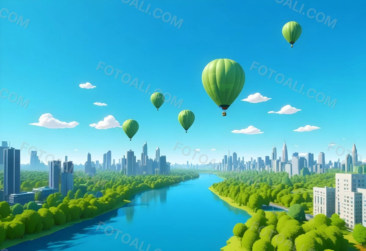 A Cartoon City With Tall Buildings Green Trees And A Green River With A Blue Sky Background And A Hot Air Balloon 2 75b3
