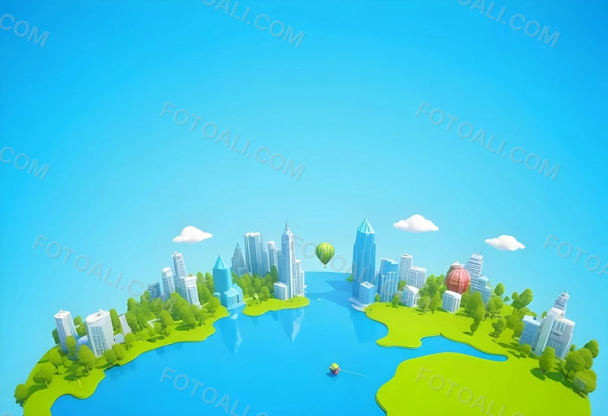 A Cartoon City With Tall Buildings Green Trees And A Green River With A Blue Sky Background And A Hot Air Balloon 20 E54a