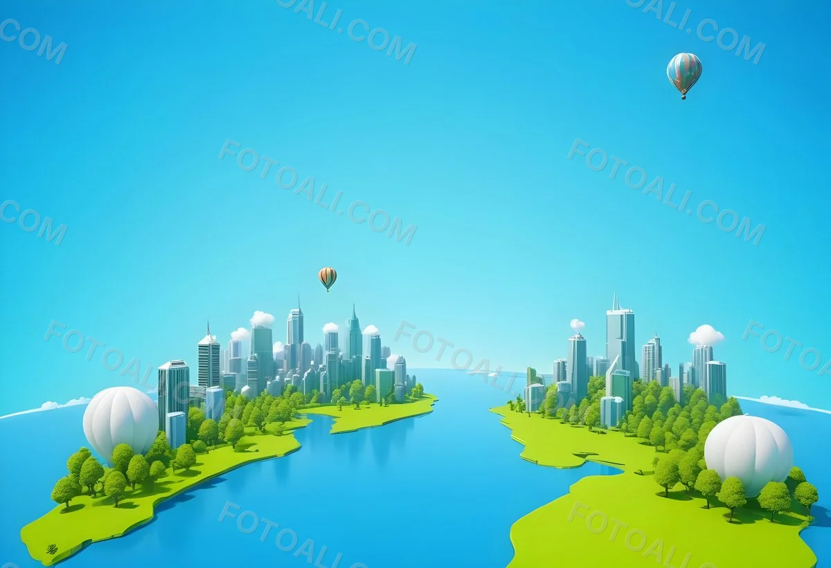 A Cartoon City With Tall Buildings Green Trees And A Green River With A Blue Sky Background And A Hot Air Balloon 22 E600