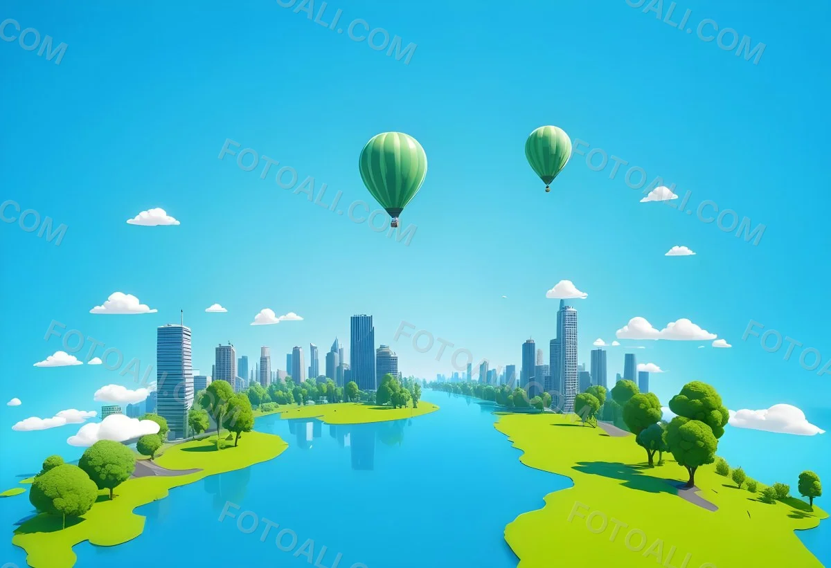 A Cartoon City With Tall Buildings Green Trees And A Green River With A Blue Sky Background And A Hot Air Balloon 3 0aab