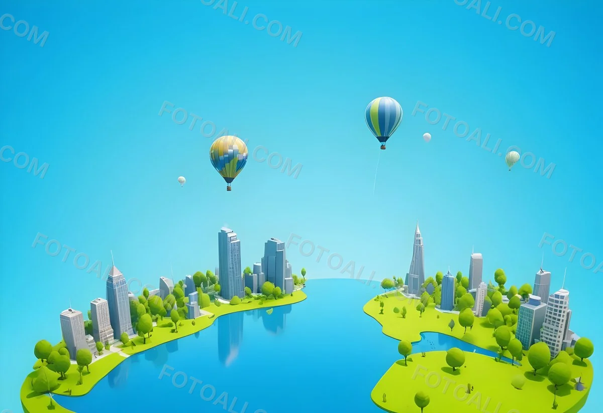 A Cartoon City With Tall Buildings Green Trees And A Green River With A Blue Sky Background And A Hot Air Balloon 4 A589