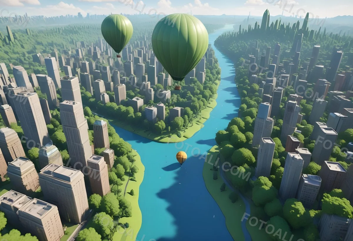 A Cartoon City With Tall Buildings Green Trees And A Green River With A Blue Sky Background And A Hot Air Balloon 5 7845