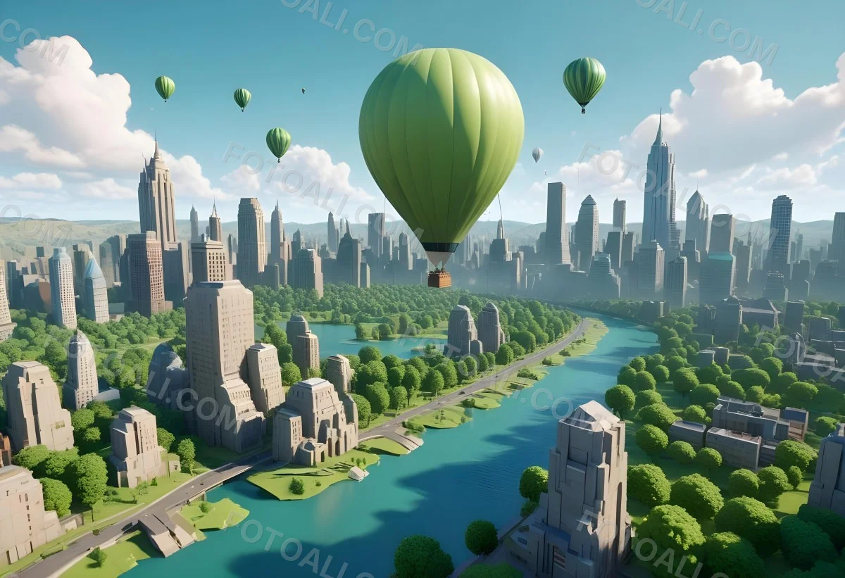 A Cartoon City With Tall Buildings Green Trees And A Green River With A Blue Sky Background And A Hot Air Balloon 7 C554