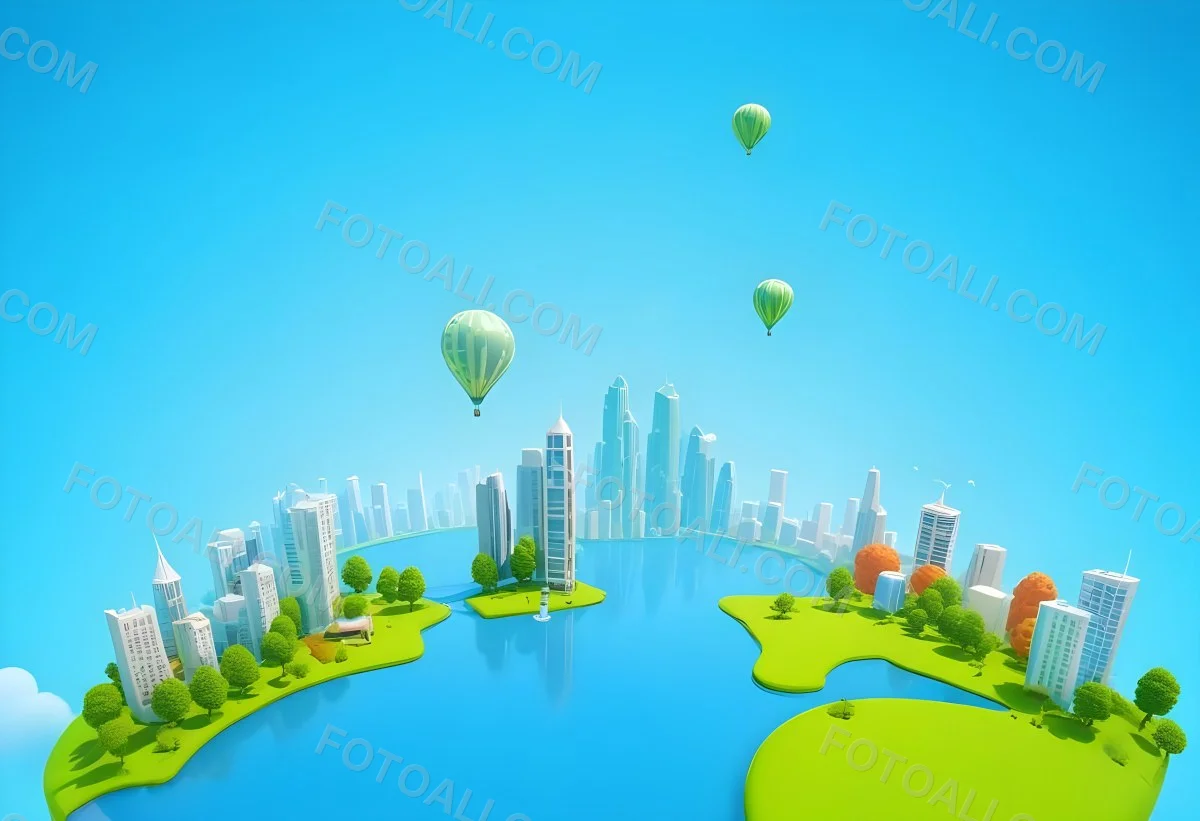 A Cartoon City With Tall Buildings Green Trees And A Green River With A Blue Sky Background And A Hot Air Balloon 9 B2c7
