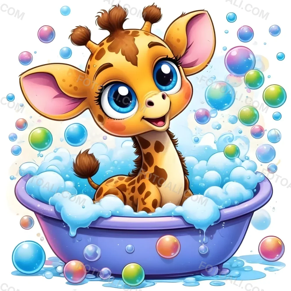 A Cartoon Giraffe With Big Blue Eyes Sitting In A Blue Bathtub Full Of Soap Bubbles Surrounded By Colorful Bubbles Cartoonish Style Bright Colors Cute Adorable Playful Whimsical Cheerful Clean Background 18 Cfec