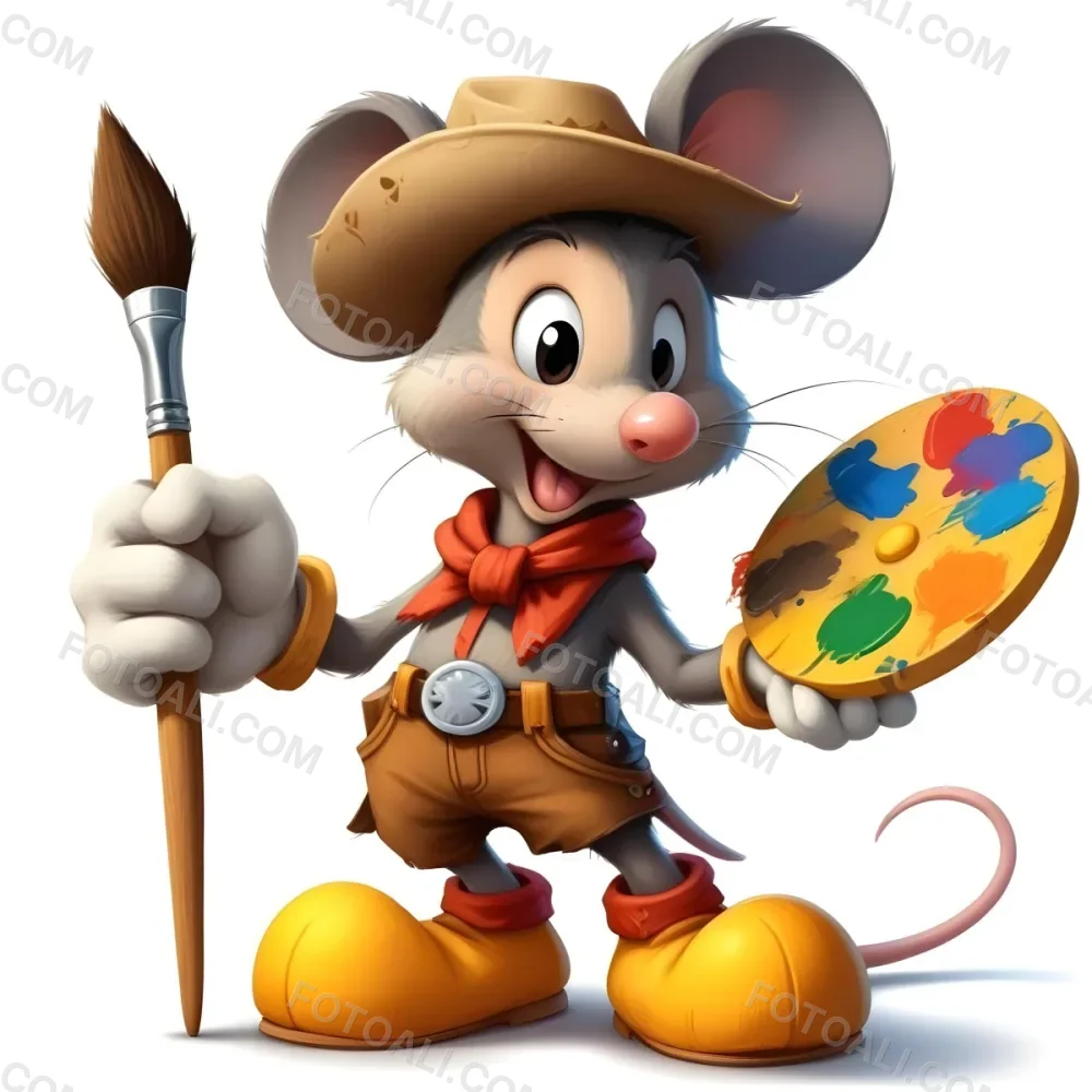 A Cartoon Mouse Character Wearing A Cowboy Hat And Holding A Paintbrush And Palette With A Friendly And Expressive Facial Expression 1 D56d