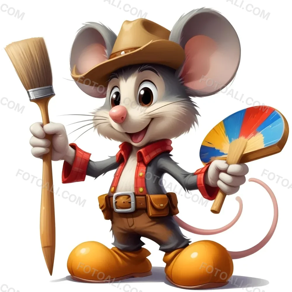 A Cartoon Mouse Character Wearing A Cowboy Hat And Holding A Paintbrush And Palette With A Friendly And Expressive Facial Expression 8 2e6a