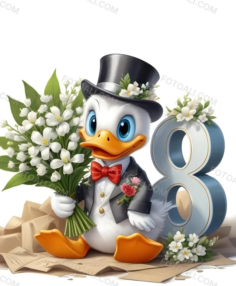 A Cartoon Penguin Wearing A Black Top Hat And Bow Tie Holding A Bouquet Of White Flowers Sitting Next To The Number 88 1 79aa