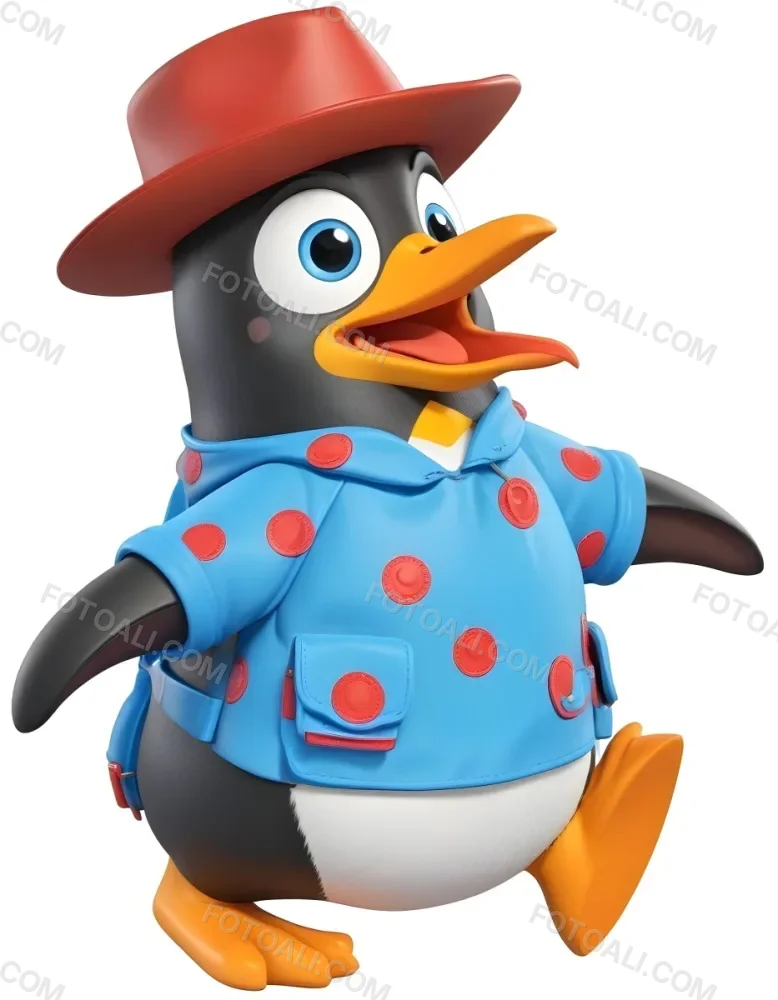 A Cartoon Penguin Wearing A Red Hat And A Blue Polka Dot Shirt With A Surprised Expression On Its Face 1 D7ee