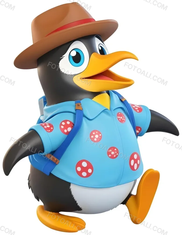 A Cartoon Penguin Wearing A Red Hat And A Blue Polka Dot Shirt With A Surprised Expression On Its Face 2 8256
