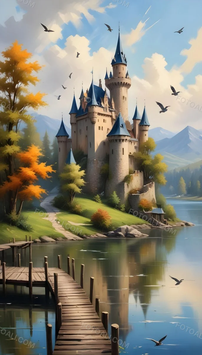 A Castle With A Tower And A Pointed Roof Next To A Lake With A Wooden Dock Some Birds Flying In The Sky 10 9265