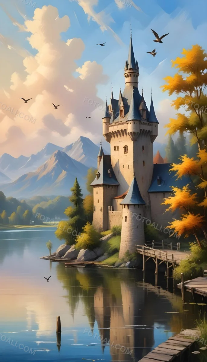 A Castle With A Tower And A Pointed Roof Next To A Lake With A Wooden Dock Some Birds Flying In The Sky 11 569a