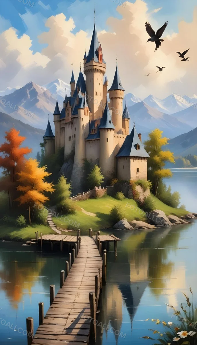 A Castle With A Tower And A Pointed Roof Next To A Lake With A Wooden Dock Some Birds Flying In The Sky 26 2695