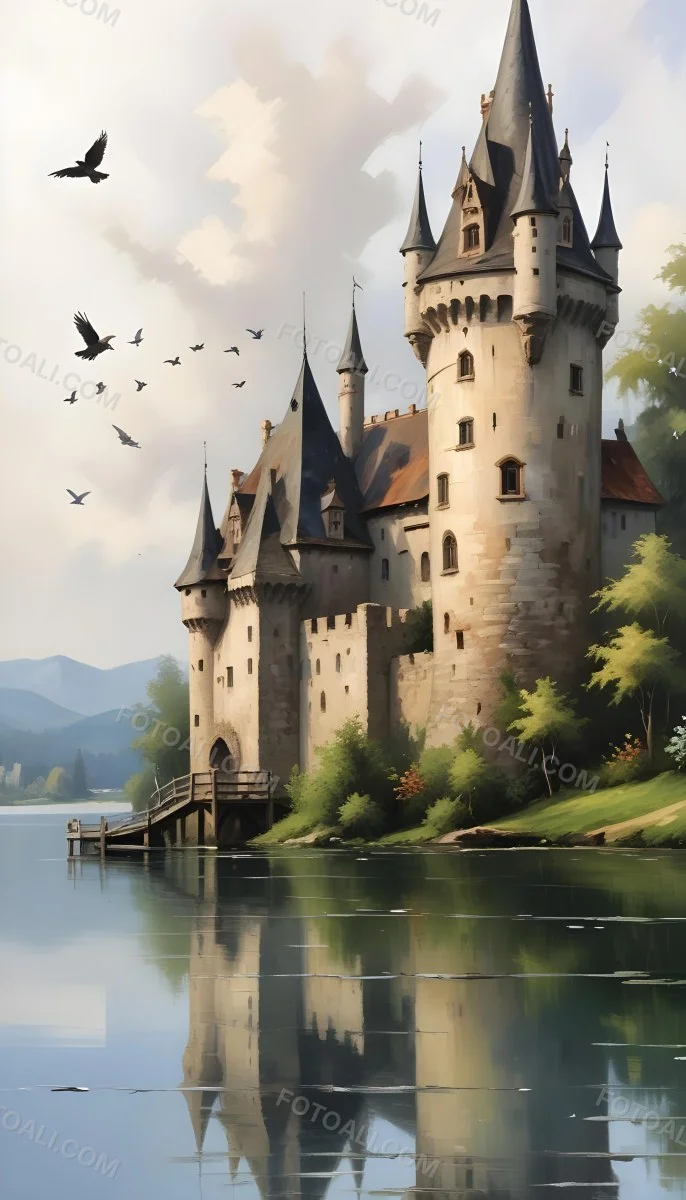 A Castle With A Tower And A Pointed Roof Next To A Lake With A Wooden Dock Some Birds Flying In The Sky 27 F114
