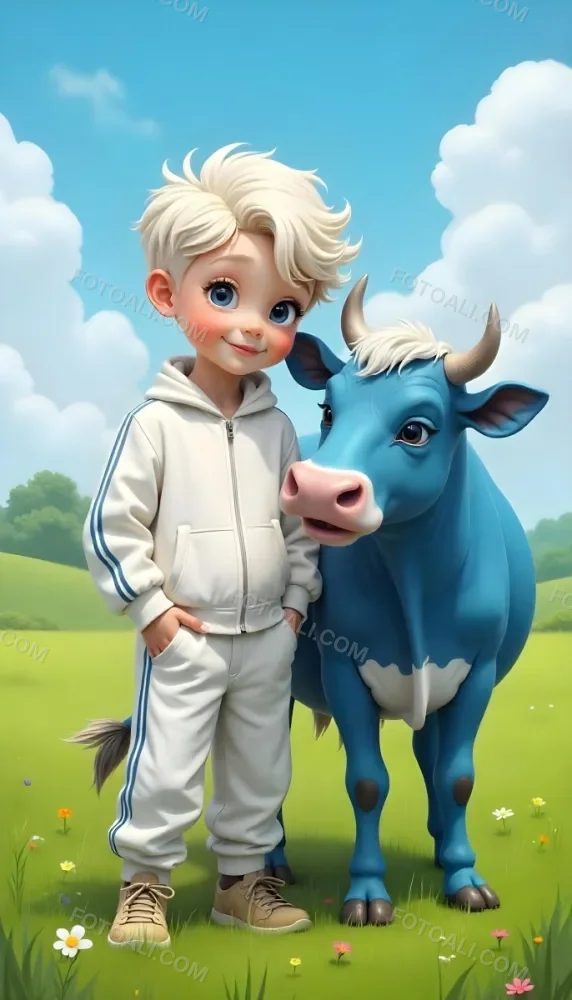A Caucasian Boy 7 Years Old With White Hair And An White Tracksuit Next To A Blue Cow In A Green Field With A Blue Sky 1 Bf0c