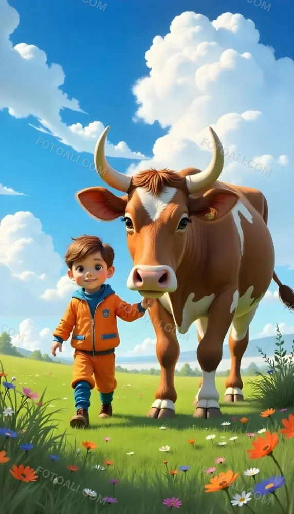 A Caucasian Boy 7 Years Old With White Hair And An White Tracksuit Next To A Blue Cow In A Green Field With A Blue Sky 14 7f30