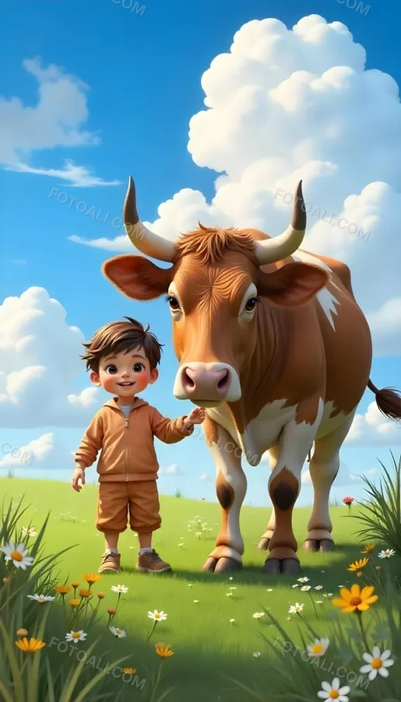 A Caucasian Boy 7 Years Old With White Hair And An White Tracksuit Next To A Blue Cow In A Green Field With A Blue Sky 15 40ee