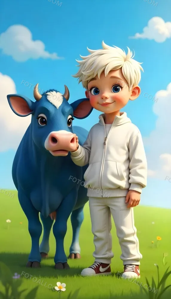 A Caucasian Boy 7 Years Old With White Hair And An White Tracksuit Next To A Blue Cow In A Green Field With A Blue Sky 2 31eb