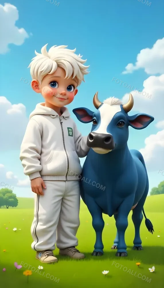 A Caucasian Boy 7 Years Old With White Hair And An White Tracksuit Next To A Blue Cow In A Green Field With A Blue Sky 20 1525