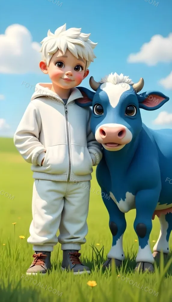 A Caucasian Boy 7 Years Old With White Hair And An White Tracksuit Next To A Blue Cow In A Green Field With A Blue Sky 21 31b8