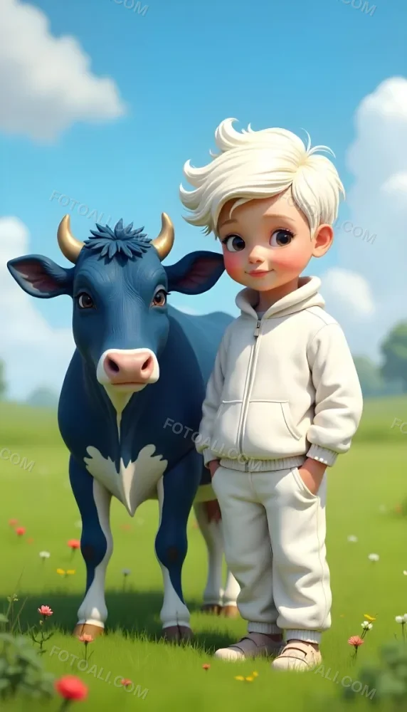 A Caucasian Boy 7 Years Old With White Hair And An White Tracksuit Next To A Blue Cow In A Green Field With A Blue Sky 23 5de8