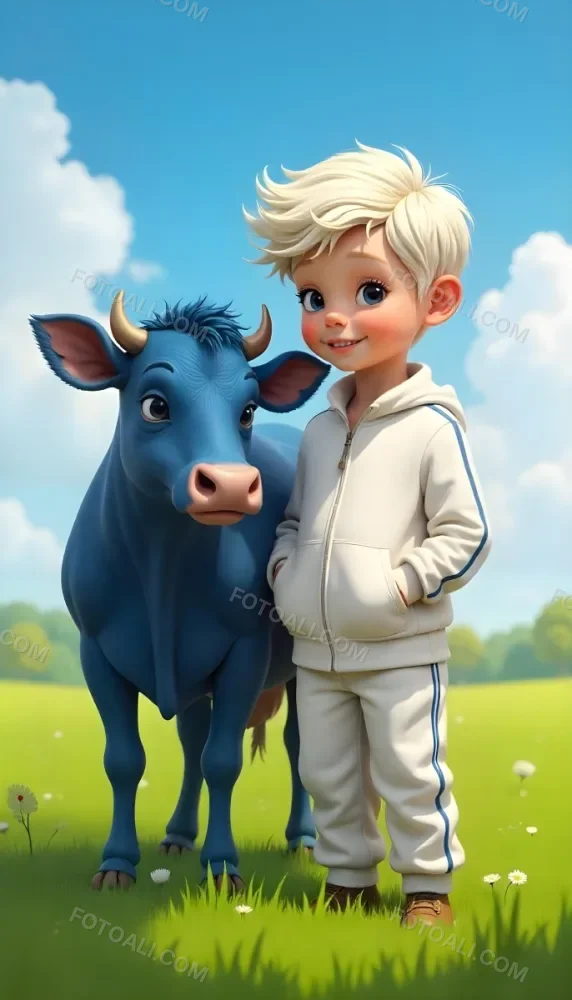 A Caucasian Boy 7 Years Old With White Hair And An White Tracksuit Next To A Blue Cow In A Green Field With A Blue Sky 3 7a8f