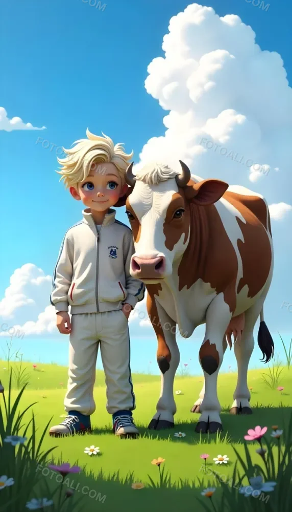 A Caucasian Boy 7 Years Old With White Hair And An White Tracksuit Next To A Blue Cow In A Green Field With A Blue Sky 4 C263