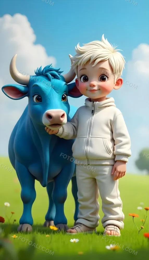 A Caucasian Boy 7 Years Old With White Hair And An White Tracksuit Next To A Blue Cow In A Green Field With A Blue Sky 5 4a32
