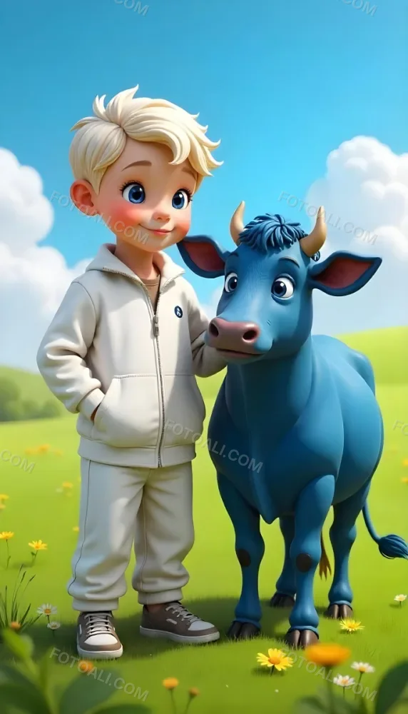 A Caucasian Boy 7 Years Old With White Hair And An White Tracksuit Next To A Blue Cow In A Green Field With A Blue Sky 6 04ec